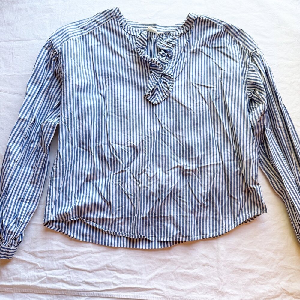 Gap Womens Blue & White Striped Long Sleeve Blouse S 100% Cotton Ruffle Neckline